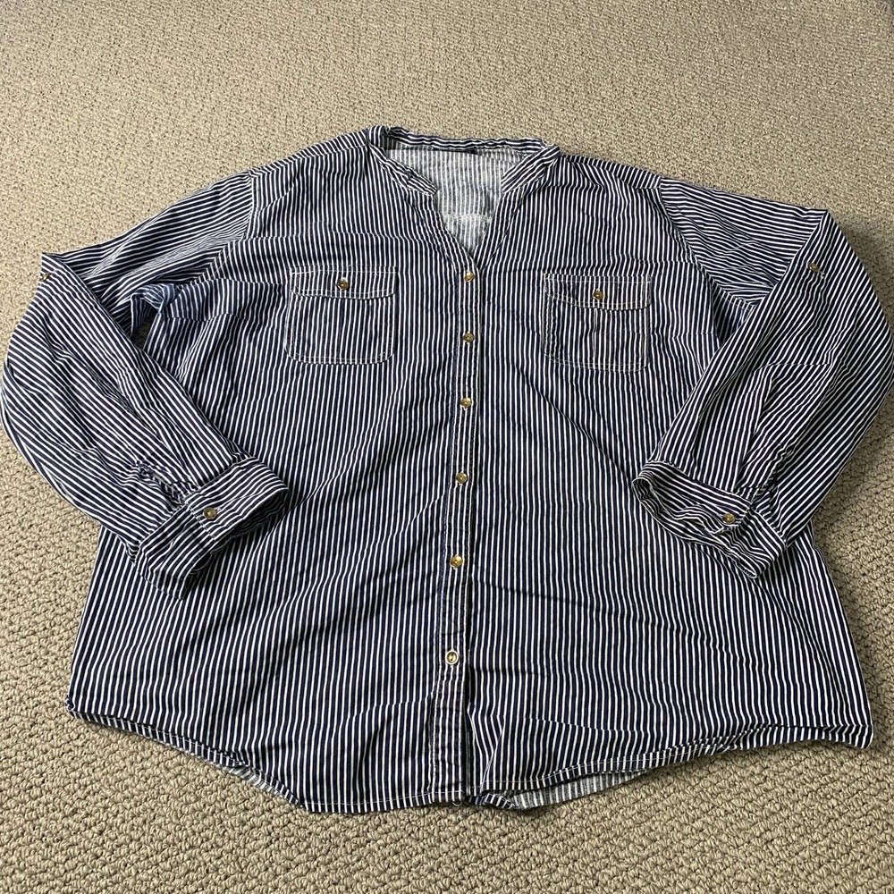 Cotton Express Womens Blouse Shirt Size XL Blue Striped Button Up Long Sleeves